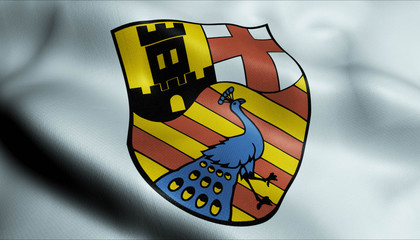 3D Waving Germany City Coat of Arms Flag of Neuwied Closeup View