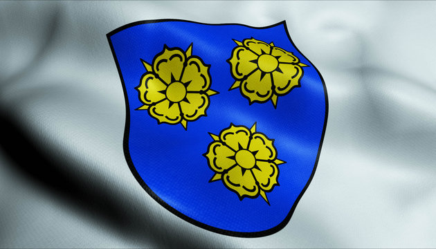 3D Waving Germany City Coat of Arms Flag of Oberkochen Closeup View