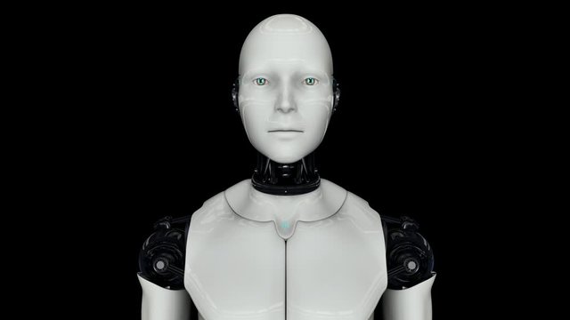 Futuristic humanoid robot turns on and raises its head. On a black background. 4K. 3D animation.