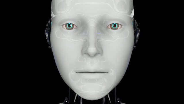 A humanoid robot turns on and raises its head. The head of a robot close up. 4K. 3D animation. On a black background.