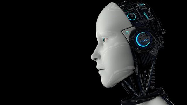 A humanoid robot on a black background turns on and raises its head. The camera moves away. 4K. 3D animation.