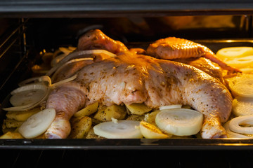 Raw chicken with baked potatoes and onions in the oven