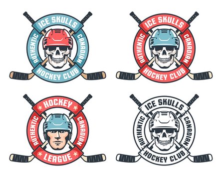 Hockey skull retro emblem with crossed sticks and round ribbon. Vintage sport emblem with hockey player face. Vector illustration.