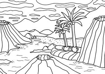 Mountains, volcanoes and palm trees by the ocean. Coloring book for children and adults. antistress coloring page. Vector outline illustration.