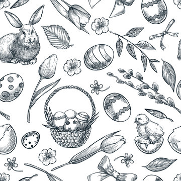 Easter holiday seamless pattern. Doodle basket with easter eggs, bunny, flowers, eggs. Spring sketch vector illustration