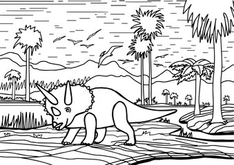 Dinosaur triceratops coloring book for children and adults. Stylish hand drawn antistress coloring page. Vector outline T Rex illustration. © AnastasiiaVerych