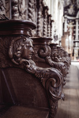 Wooden Choir Stall Decoration in a church in Grimbergen, Belgium