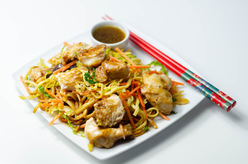 Cooked chicken breast pieces with savory garlic and ginger soy sauce and  noodles, black fungus mushrooms, savoy cabbage, and carrot