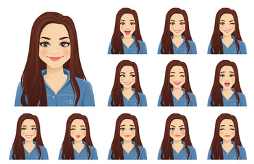 Fototapeta Young beautiful woman with different facial expressions set isolated vector illustration obraz