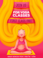 Yoga classes invitation flyer card with young blonde woman. Cartoon style