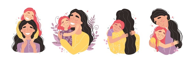 Beautiful young woman and her charming little daughter. Girl hugs mom and smiles. Set of illustrations for mothers day