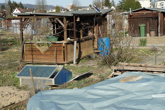 Allotment garden colony with sheds, pavilions, small greenhouse and a blue plastic barrel for collecting the rain water. Ideal place for hobby and weekend gardening
