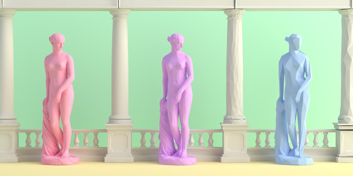 3d-illustration of interior antique and low polygonal woman statues