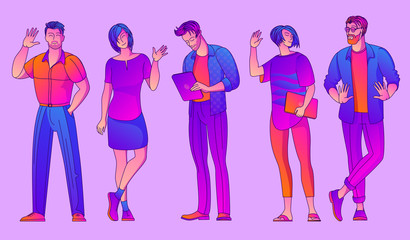 Group of young colleagues standing together. Office workers, students, young generation. Flat design vector conceptof team of cute professionals.