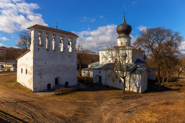 Church of the assumption with a bell tower in Pskov, Russia.