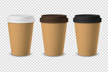 Vector 3d Realistic Disposable Closed Paper, Plastic Coffee Cup for Drinks with White, Brown and Black Lid Set Closeup Isolated on Transparent Background. Design Template, Mockup. Front View