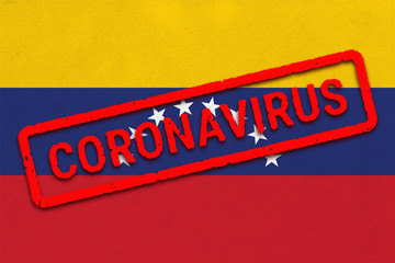 Flag of Venezuela on paper texture with stamp, banner of Coronavirus name on it. 2019 - 2020 Novel Coronavirus (2019-nCoV) concept, for an outbreak occurs in the Venezuela.