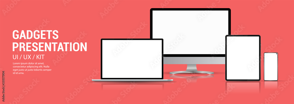 Poster Minimalistic 3D mockups gadgets (smartphone, pc monitor, tablet, laptop) Realistic gadgets with blank screen for for presentation UI design. Mockups set generic device. Vector collection 