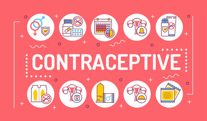 Contraceptive word lettering typography. Safety sex. Birth control elements: intrauterine, oral, hormonal and protective. Infographics with linear icons on pink background. Creative idea concept.