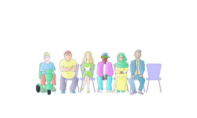 rapperSeveral people sitting on chairs in a waiting room. Drawing in pastel on transparent background.