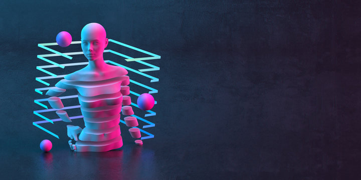 3d-illustration of an abstract composition of mannequin and primitive objects on dark background