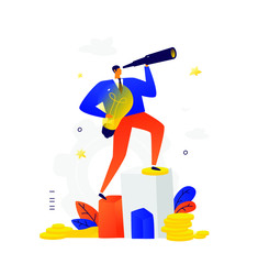 Illustration of a businessman looking through a spyglass. Vector. A man with an idea makes plans for the future. Metaphor. Creative search for fresh ideas. New Horizons. Flat business illustration.