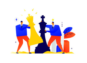 Illustration of businessmen playing a game of chess. Competition in business. Vector. Metaphor. Strategy and tactics in business. Find out the relationship in business. Checkmate, the result is a vict