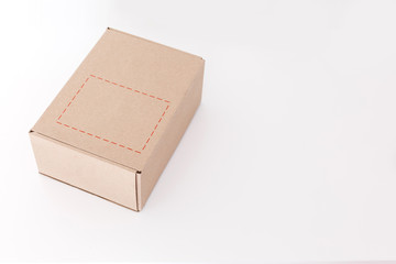 Carton packaging box. Brown delivery set of different sized packages with postal signs. Set of closed and open cardboard boxes on white background.