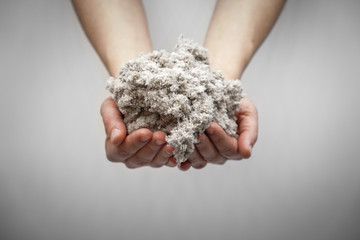 Hands holding cellulose fiber for ecological insulation of the house. Conservation of home heat and...
