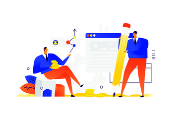 Illustration of a man with a pencil and a businessman with coins. Vector. Metaphor. Businessman gives advice. Interface development. A sense of content manager and editor. Flat illustration.