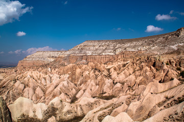 Red valley in Goreme national park, concept of Cappadocia as touristic destination. Turkey, Asia.