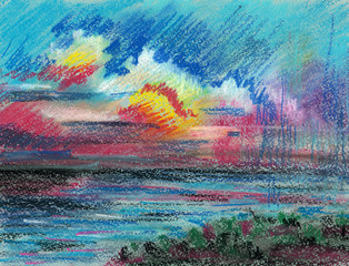 Illustration pencil drawing and pastel landscape. Sea, ocean and clouds at sunset or dawn.
