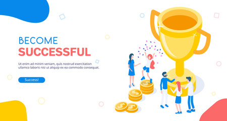 Stylish vector isometric Successful Teamworking illustration. Big golden goblet with people and team. Around lie gold coins as success