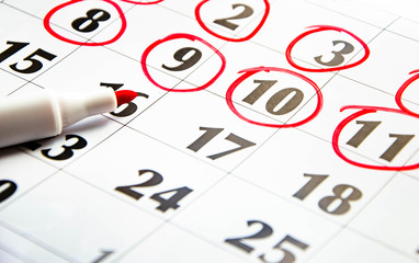 The numbers on the calendar are circled in red in macro. Calendar for plans, notes, meetings. Business calendar. Marker for notes on the calendar. In the foreground