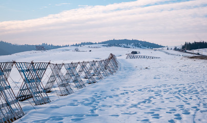 Safety fences against snow storm, Cindrel mountains, Paltinis, Romania