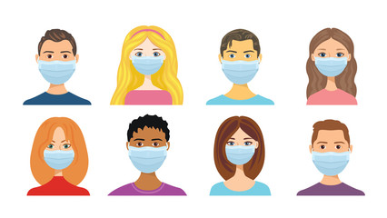 Cartoon people in protective surgical masks isolated on white background. Men and women of different races and hair colors. Protection against viruses and bacteria. Vector flat illustration, icon.  