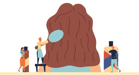 Beauty Makeup Salon Concept. Tiny Characters Do Makeup For Woman Head Mannequin. People Brushing Hair, Do Hair. Fashion Beauty Salon With Professional Workers. Cartoon Flat Style. Vector Illustration