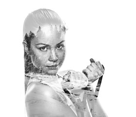 athletic woman with rubber tape on white background. studio portrait, double multiple exposure...