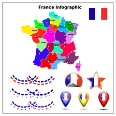 Obraz premium Bright Map of France. Map of France graphic illustration on white background. Set illustration with map, flag, buttons and navigation web buttons.