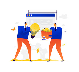 Illustration of businessmen exchanging ideas. Metaphor. Buying and selling creative ideas. Purchase, exchange of stolen things. Advertising and PR business. A meeting of creative people.