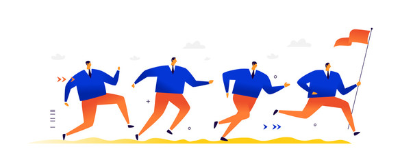 Illustration of running businessmen. Metaphor. A crowd of men runs after a leader, an alpha male carrying a flag, a banner. Flat illustration. Competition and competition in business and in life.