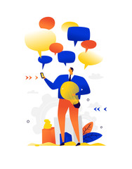 Illustration of a businessman chatting.  Metaphor. A man with a light bulb surrounded by comic bubbles. Flat illustration. Messengers and chatting. Messages and SMS around a person.