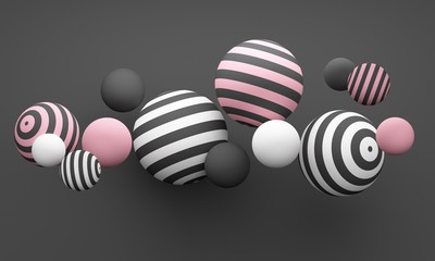 Abstract composition with striped spheres on a black background. 3d rendering