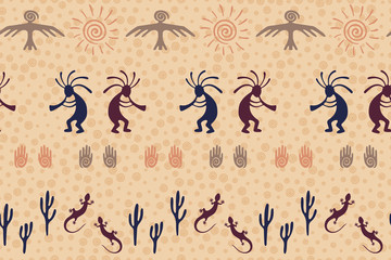 design with gecko, Kokopelli fertility god, sun, bird, cacti.