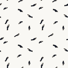 Abstract seamless pattern with female hands. Golden outline and navy blue color on white.