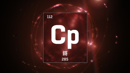 3D illustration of Copernicium as Element 112 of the Periodic Table. Red illuminated atom design background with orbiting electrons name atomic weight element number in Chinese language