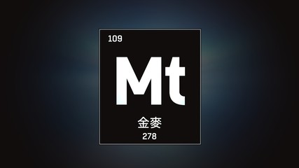 3D illustration of Meitnerium as Element 109 of the Periodic Table. Grey illuminated atom design background with orbiting electrons name atomic weight element number in Chinese language
