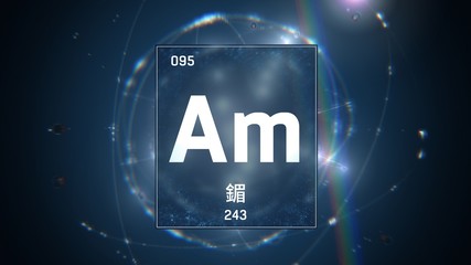 3D illustration of Americium as Element 95 of the Periodic Table. Blue illuminated atom design background with orbiting electrons name atomic weight element number in Chinese language