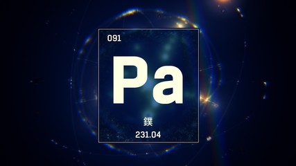 3D illustration of Protactinium as Element 91 of the Periodic Table. Blue illuminated atom design background with orbiting electrons name atomic weight element number in Chinese language