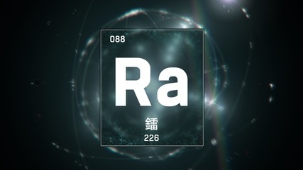3D illustration of Radium as Element 88 of the Periodic Table. Green illuminated atom design background with orbiting electrons name atomic weight element number in Chinese language